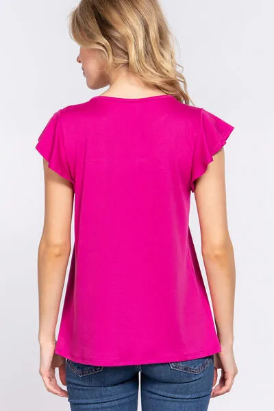 Magenta Ruffle Short Sleeve Lace Detail Knit Top (Online Exclusive)