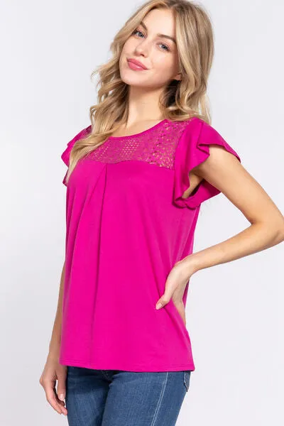 Magenta Ruffle Short Sleeve Lace Detail Knit Top (Online Exclusive)