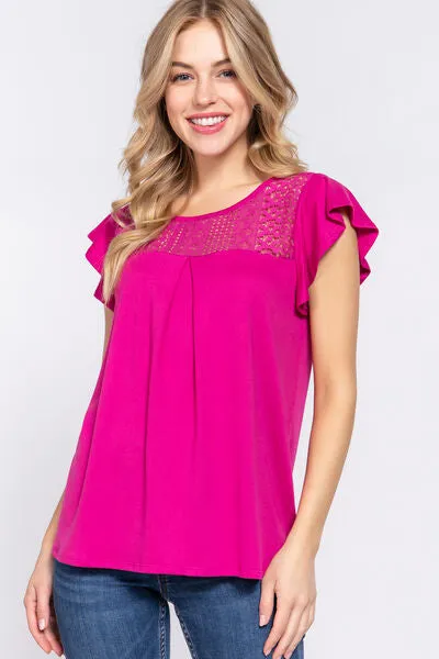 Magenta Ruffle Short Sleeve Lace Detail Knit Top (Online Exclusive)