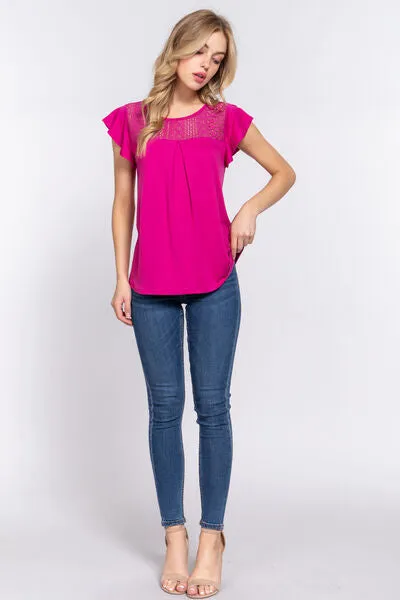 Magenta Ruffle Short Sleeve Lace Detail Knit Top (Online Exclusive)