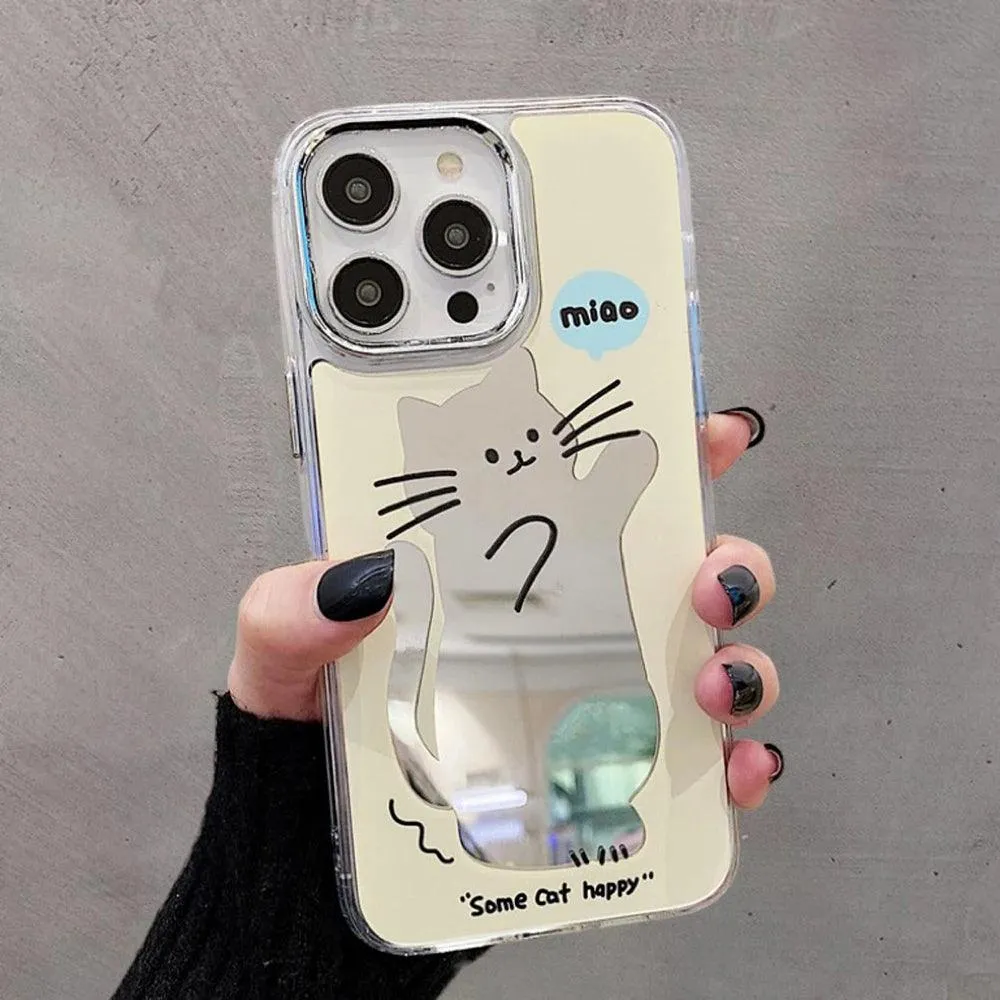 Cute Cat Cartoon Makeup Mirror Plating - Phone Cases for iPhone 14 Pro, 11, 12, and 13 Pro Max