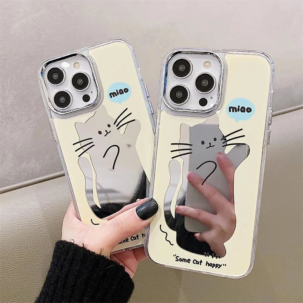 Cute Cat Cartoon Makeup Mirror Plating - Phone Cases for iPhone 14 Pro, 11, 12, and 13 Pro Max