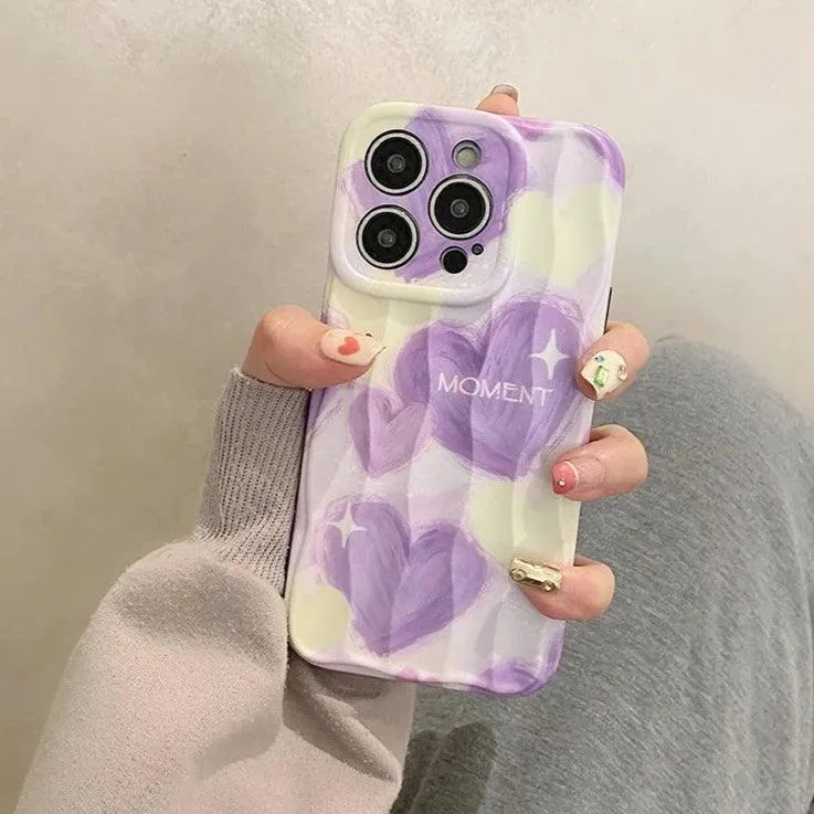 Dream Purple Heart Pattern Wave Cute Phone Case for iPhone 11-15 Pro Max