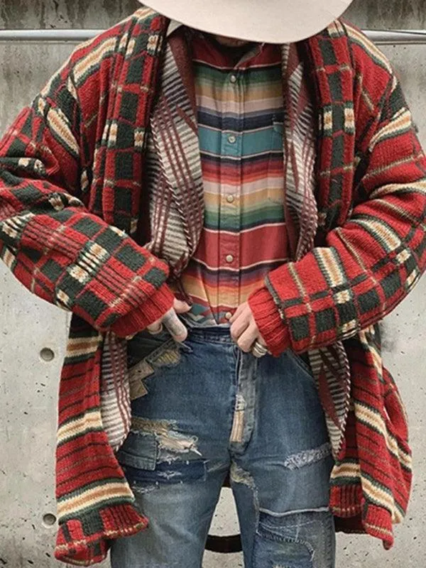 Long Plaid Knitted Men Cardigan Sweater