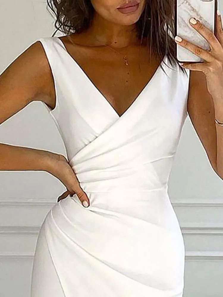 Sleeveless Split Hem Ruffled Design V Neck Dress