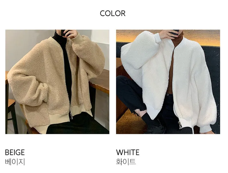 Cute Back Logo Shearling Jackets Womens Girls Korean Style Outerwear Winter Unique Warm Loose Fit Oversized Bomber