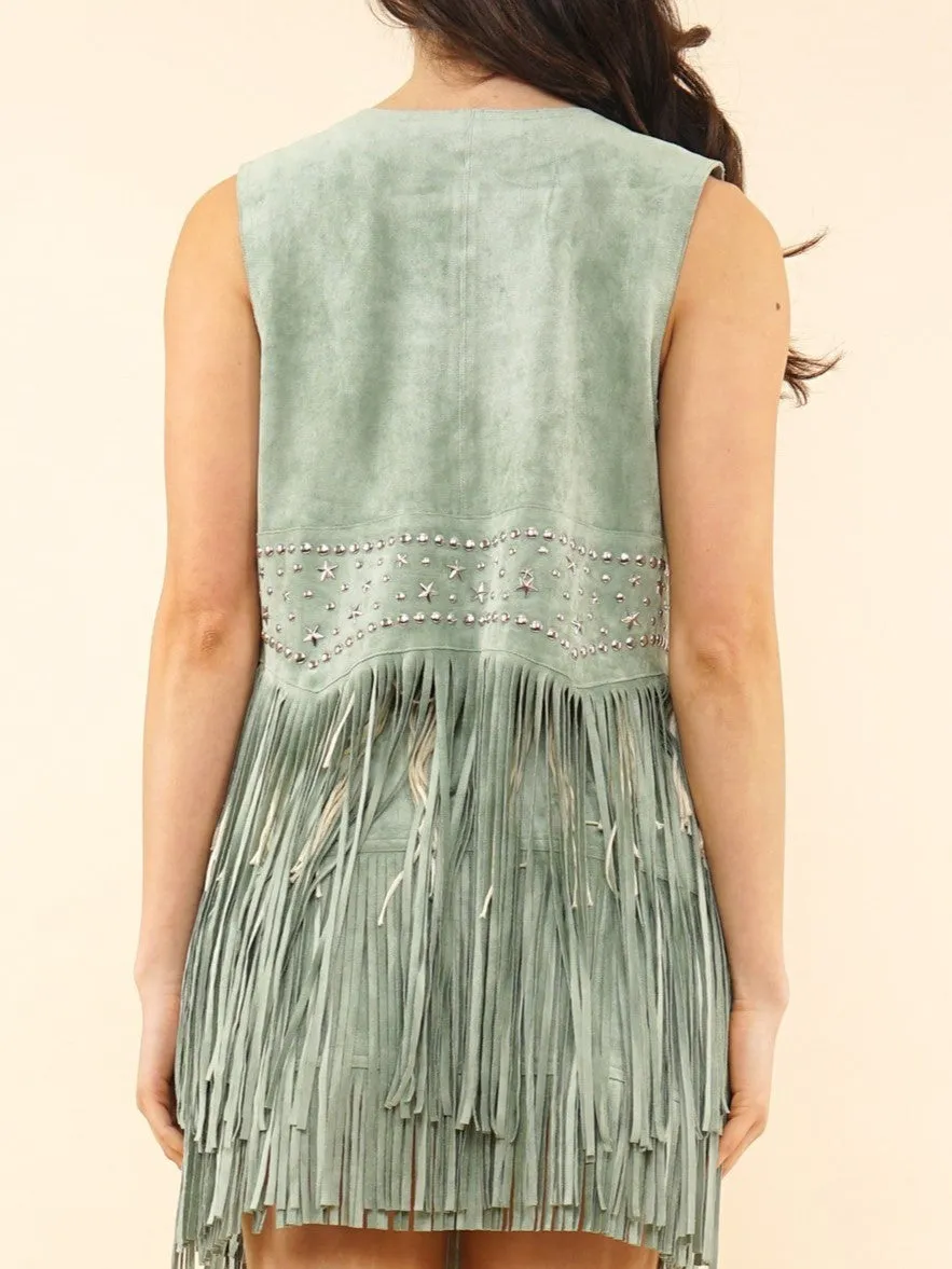 27 Faux Suede Star Stud Fringe Vest