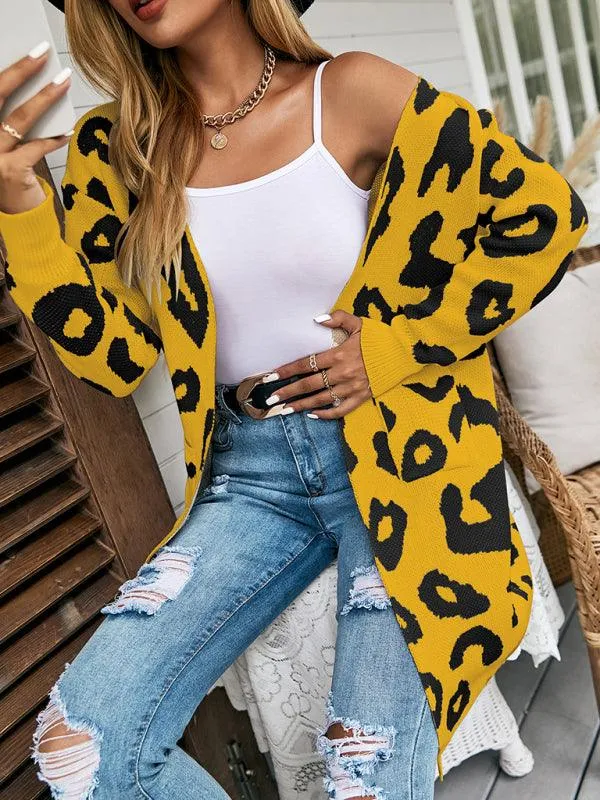 Leopard Print Knitted Women Cardigan Sweater