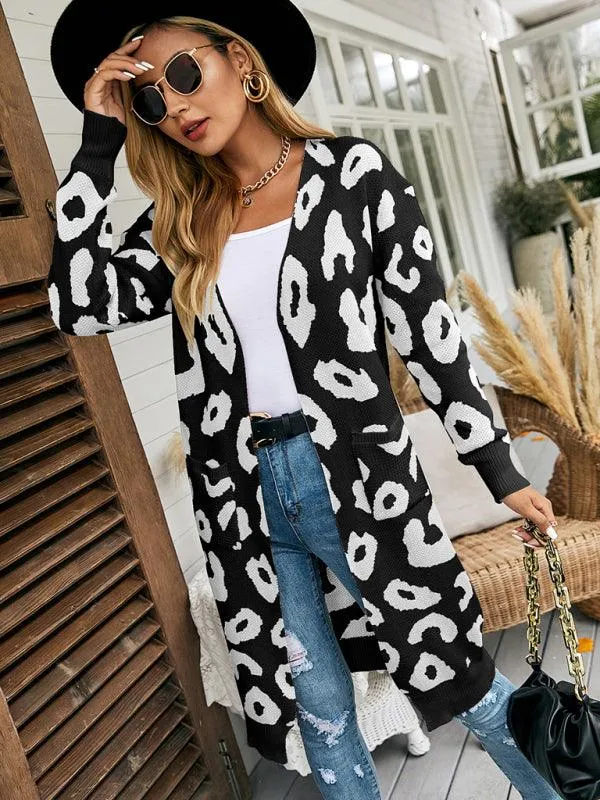 Leopard Print Knitted Women Cardigan Sweater