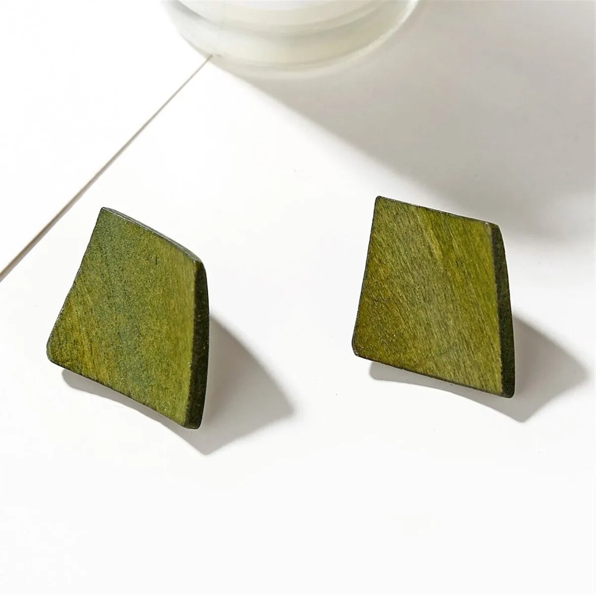 Square Rattan  Wood Stud Drop Geometric Earrings -2