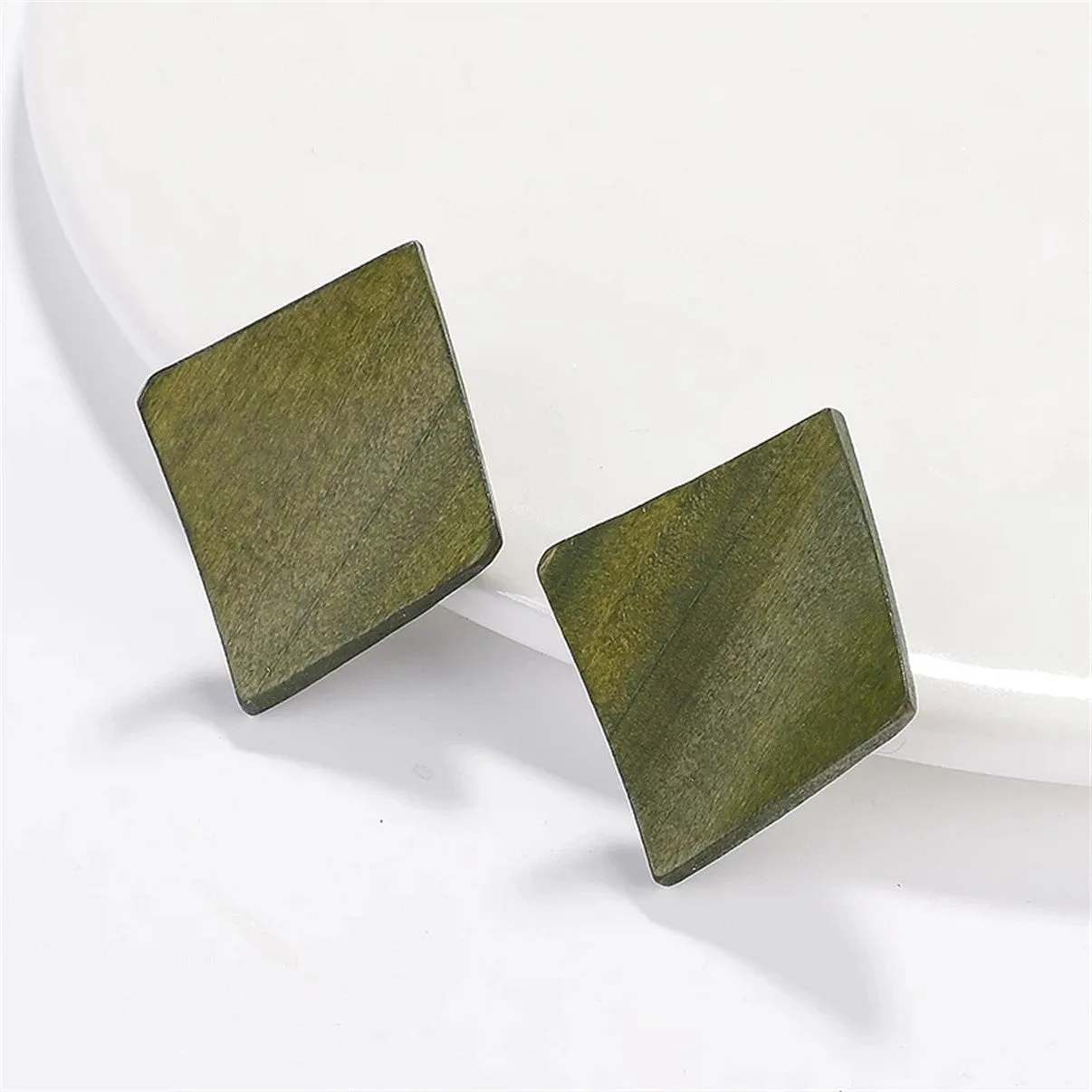 Square Rattan  Wood Stud Drop Geometric Earrings -2