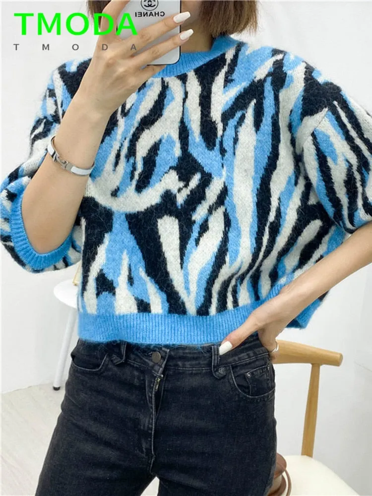 2023 Autumn Women Chic Leopard Printed Short Sweaters Casual Loose Streetwear Knitting Pullover Cropped Tops