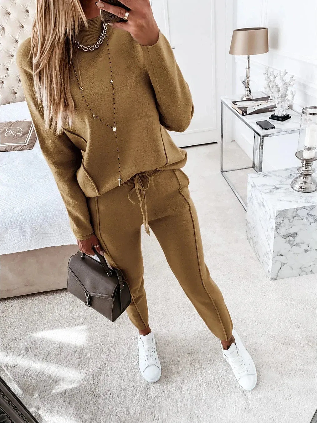 Women's Green and Pink Drawstring Turtleneck Sweatshirt Tracksuit Pants Set