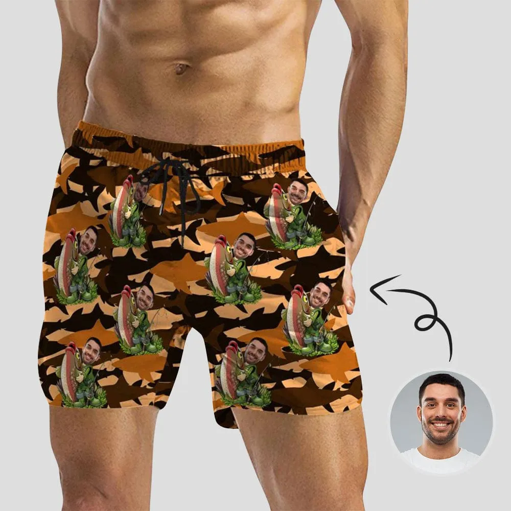 Personalized Swim Trunks with Custom Face Funny Fishing Men's Quick Dry Swim Shorts