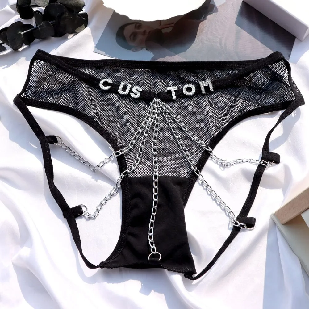 Custom Name Crystal Letters Sexy Women Panties Lace Metal Chain G String Briefs Mesh Thong Girls(DHL is not supported)