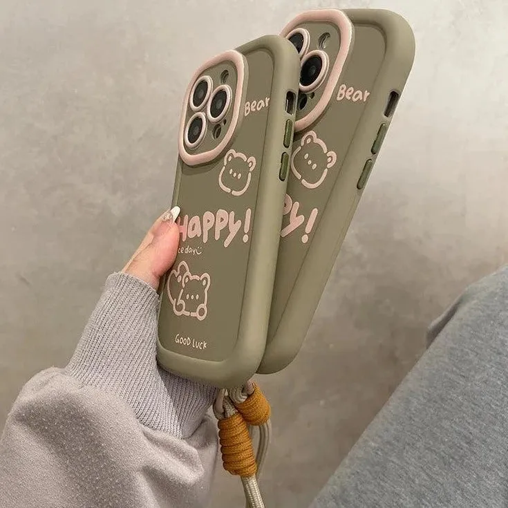 Cute Bear Phone Case with Hand Strap Rope for iPhone 11, 12, 13, 14, 15 Pro Max