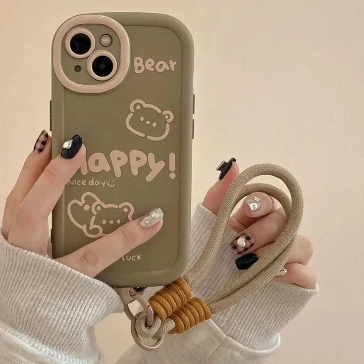 Cute Bear Phone Case with Hand Strap Rope for iPhone 11, 12, 13, 14, 15 Pro Max