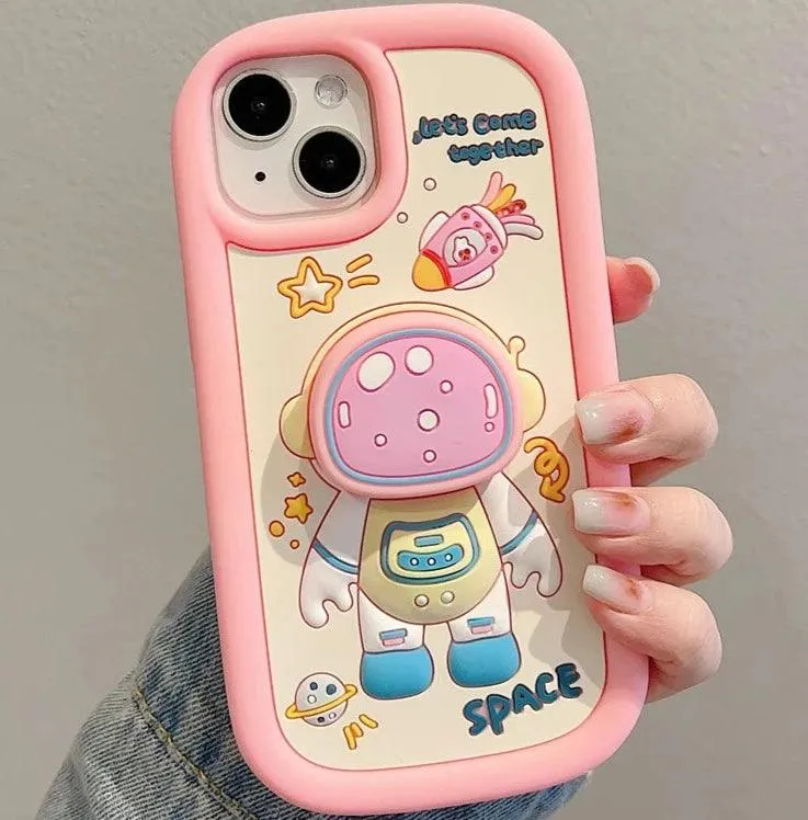 Cute Cartoon Astronaut Phone Case with Holder for iPhone 15, 14, 13, 12 Pro Max