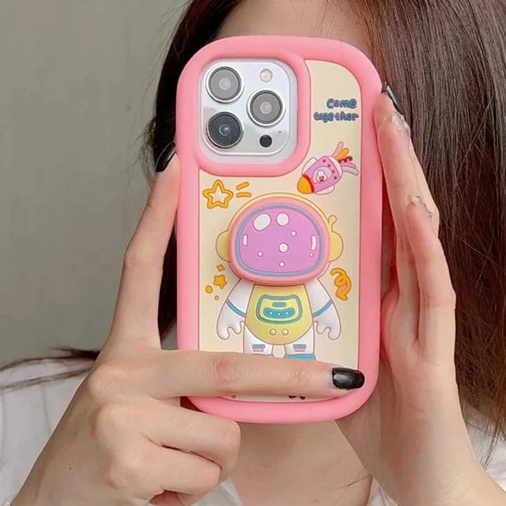 Cute Cartoon Astronaut Phone Case with Holder for iPhone 15, 14, 13, 12 Pro Max