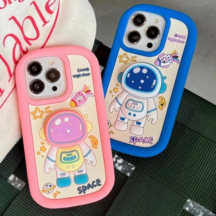 Cute Cartoon Astronaut Phone Case with Holder for iPhone 15, 14, 13, 12 Pro Max