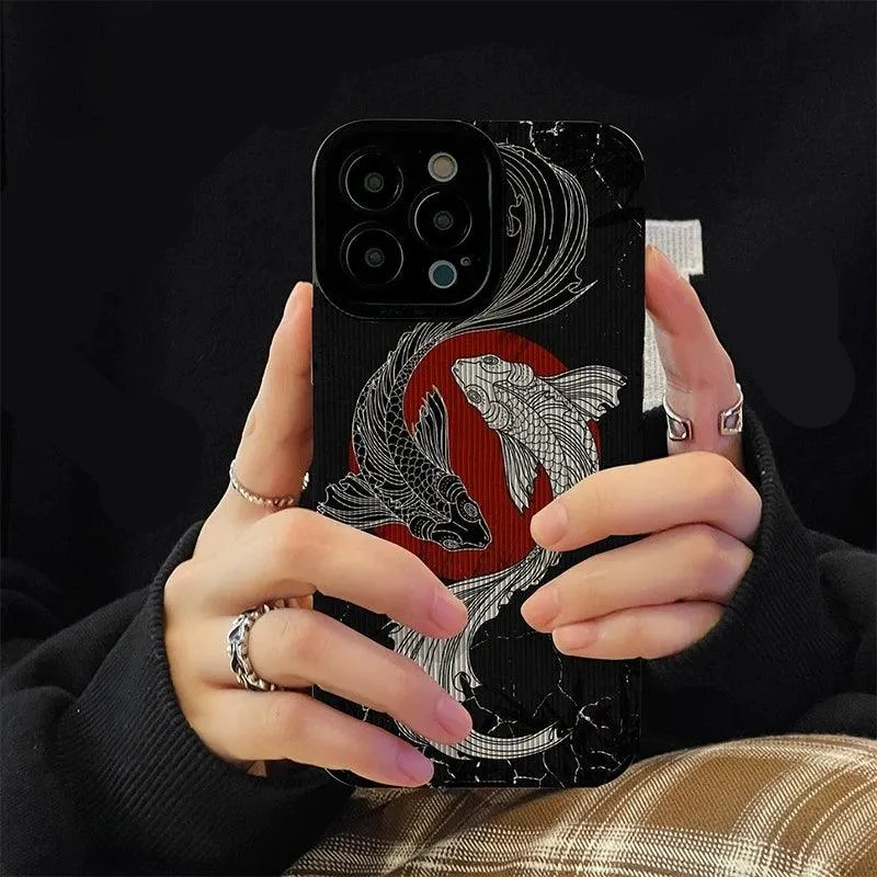 Black and White Cute Carp Oil Painting Phone Case for iPhone 15, 14, 13, 12, 11 Pro Max, Mini, 7, 8 Plus, X, XS Max, XR