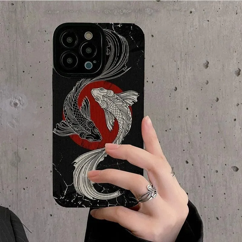 Black and White Cute Carp Oil Painting Phone Case for iPhone 15, 14, 13, 12, 11 Pro Max, Mini, 7, 8 Plus, X, XS Max, XR