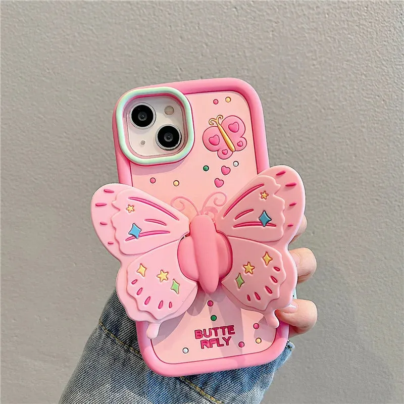 Cute Pink 3D Butterfly Phone Case for iPhone 11, 12, 13, 14, 15 Pro Max