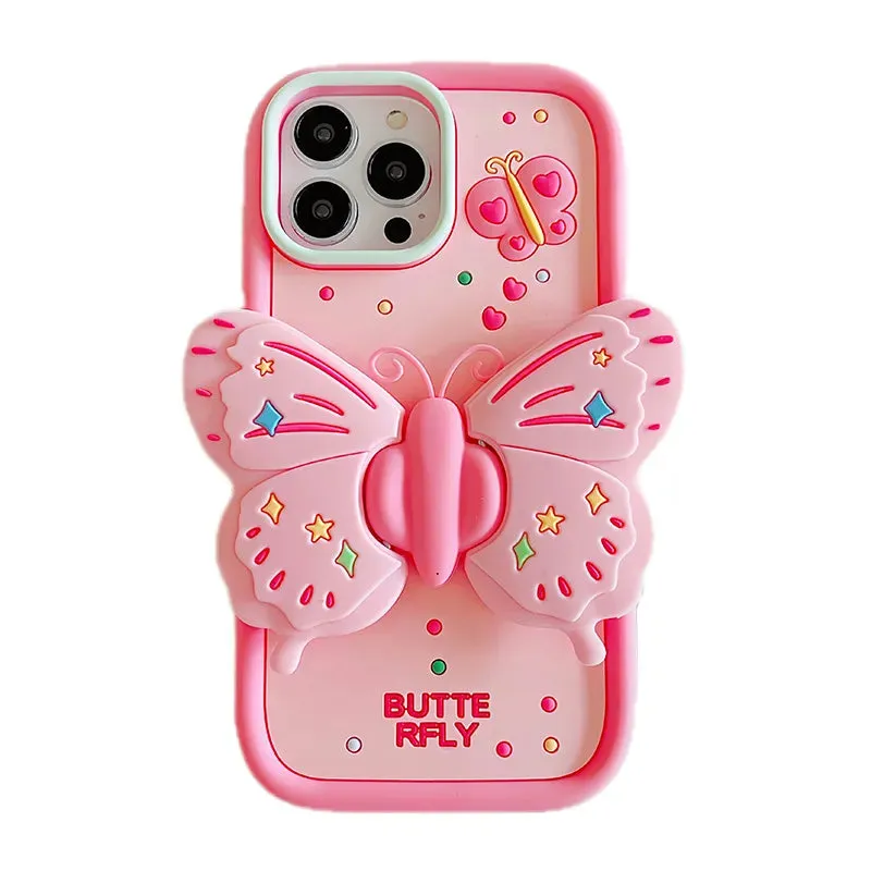 Cute Pink 3D Butterfly Phone Case for iPhone 11, 12, 13, 14, 15 Pro Max