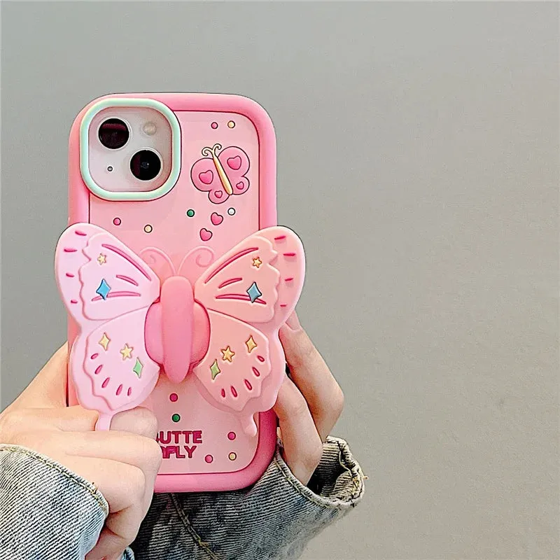 Cute Pink 3D Butterfly Phone Case for iPhone 11, 12, 13, 14, 15 Pro Max