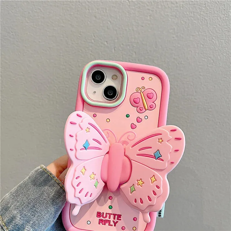 Cute Pink 3D Butterfly Phone Case for iPhone 11, 12, 13, 14, 15 Pro Max