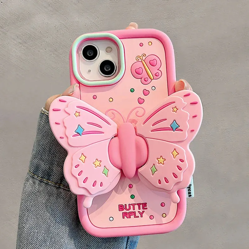 Cute Pink 3D Butterfly Phone Case for iPhone 11, 12, 13, 14, 15 Pro Max