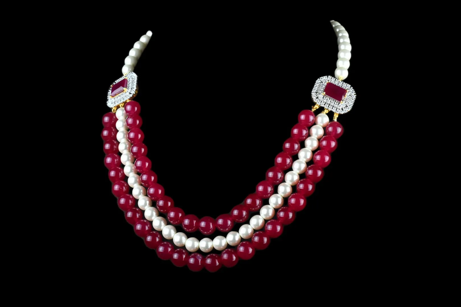 Adorable Ruby & Pearls Necklace With American Diamonds Side pendant By Asp Fashion Jewellery