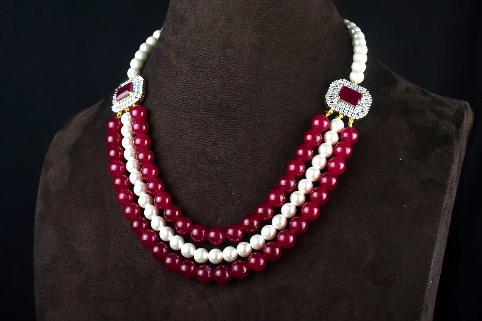 Adorable Ruby & Pearls Necklace With American Diamonds Side pendant By Asp Fashion Jewellery