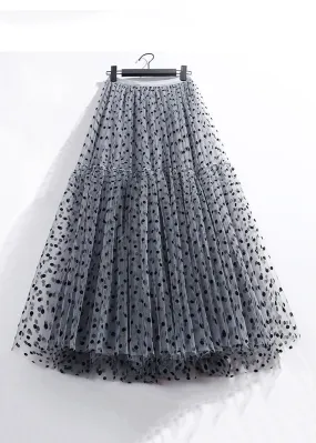 Dark Gray Dot Pleated Tulle Skirt High Waist Summer AS1045