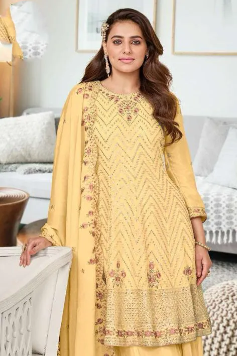 Dazzling Yellow Colored Heavy Chinon Embroidery Work Palazzo Suits With Dupatta