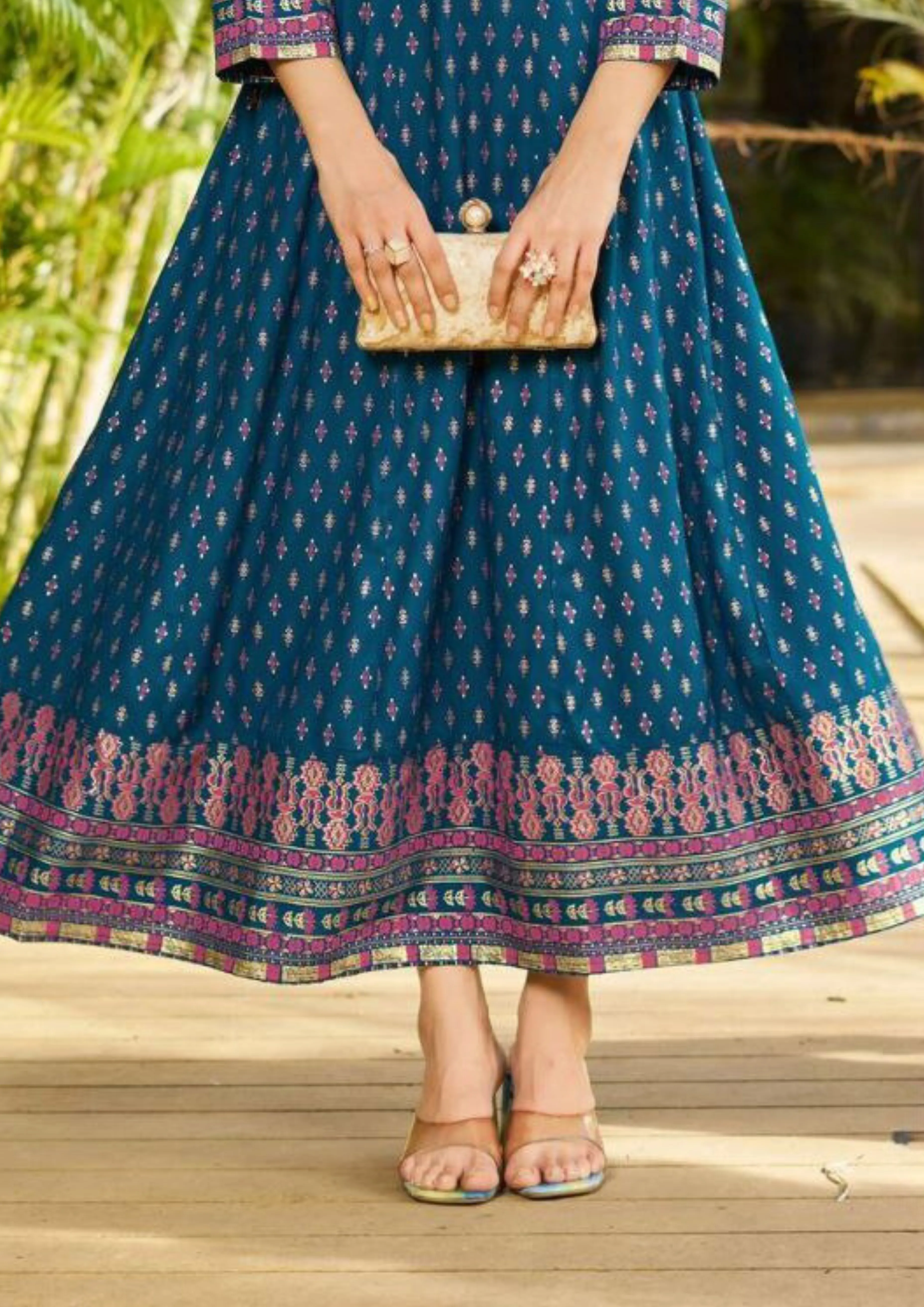 Elegant Designer Blue Color Rayon Foil Print Anarkali Gown With  Embroidery Work