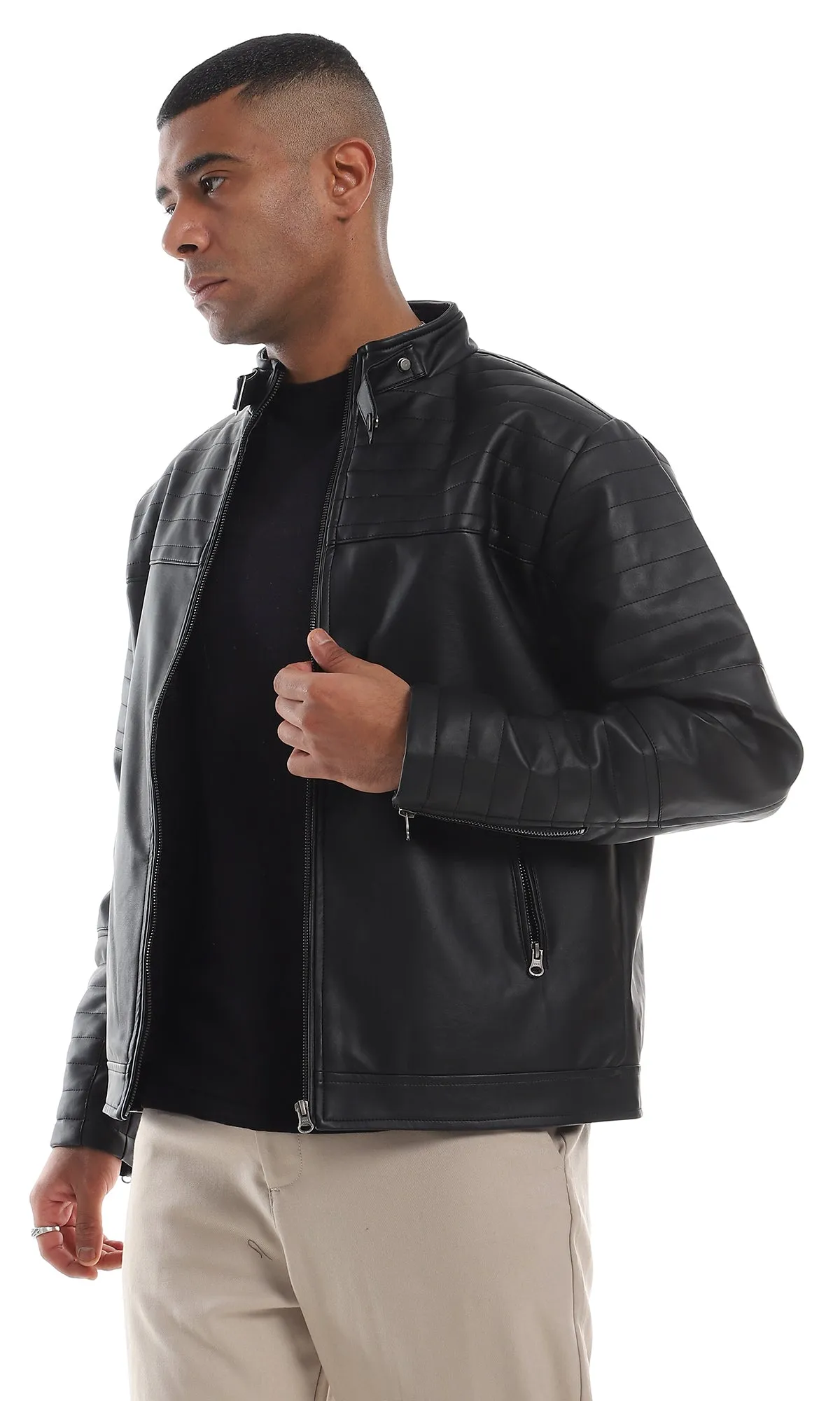 O156165 Stitched Details 2 Side Zipper Pocket Black Leather Jacket