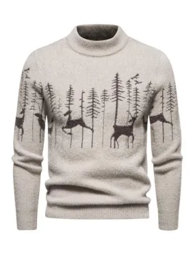 Deer Round Neck Knitted Men Pullover Sweater