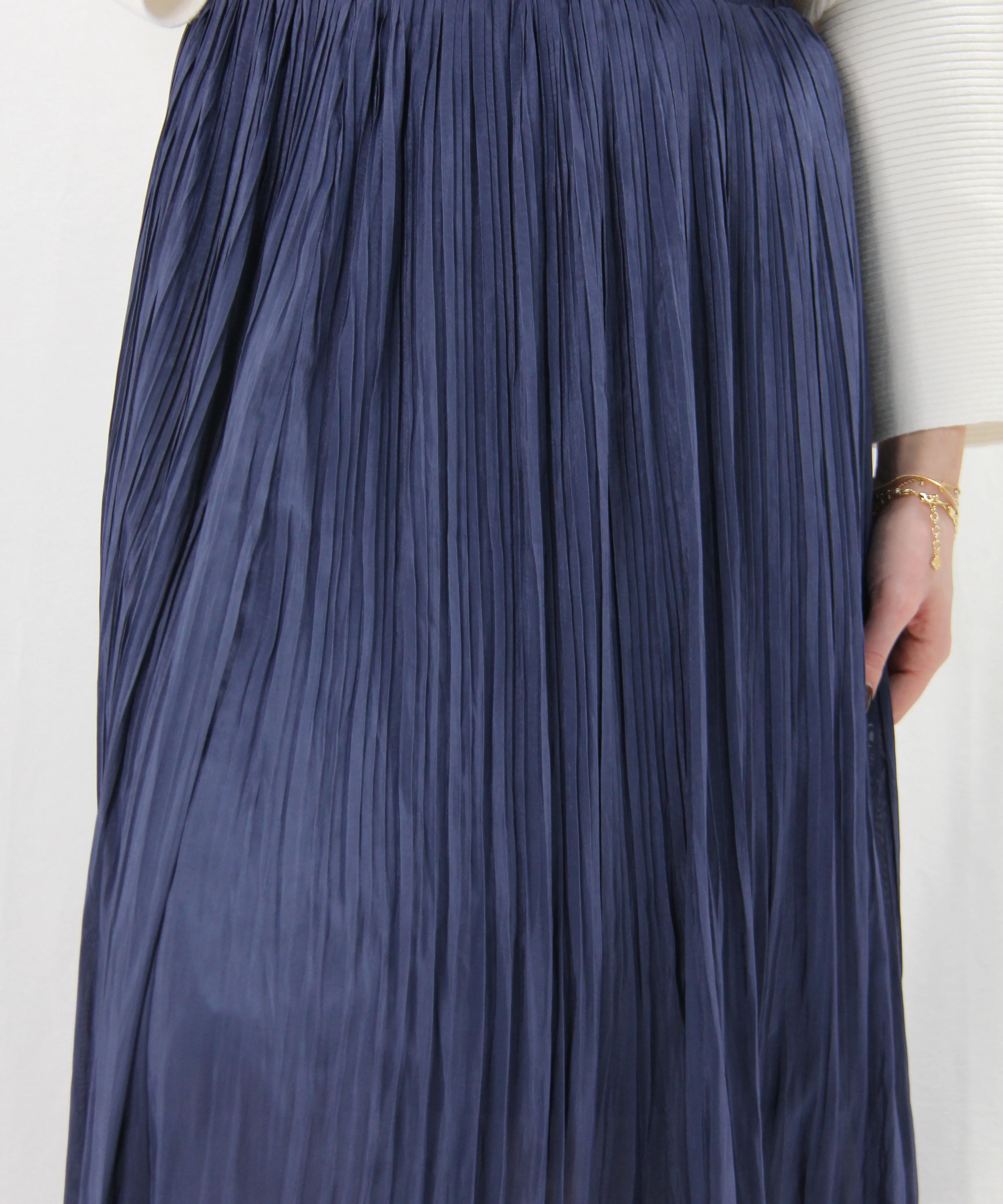 Elastic Waist Pleated Midi Skirt - Midnight Blue