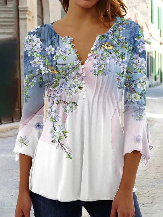 Floral Print Women's Henley Shirt for Casual Streetwear