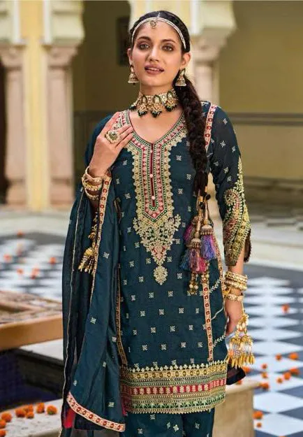 Elegant Green Color Silk Embroidery Kurti With Palazzo Suits For Women