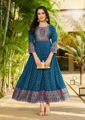 Elegant Designer Blue Color Rayon Foil Print Anarkali Gown With  Embroidery Work