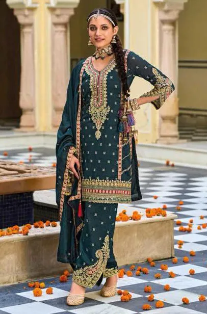 Elegant Green Color Silk Embroidery Kurti With Palazzo Suits For Women