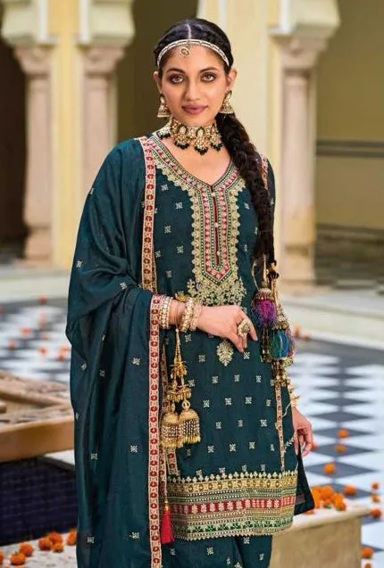 Elegant Green Color Silk Embroidery Kurti With Palazzo Suits For Women