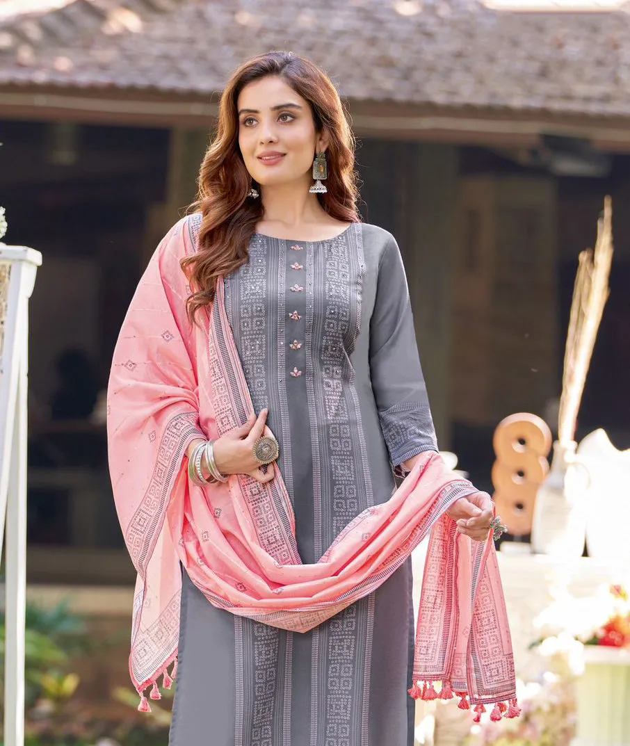 Elegant Grey Colored Hand Work And Embroidery Work Kurti With Dupatta Sets For Women