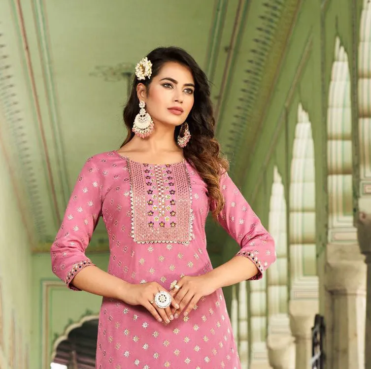 Elegant Light Pink Color Classy Rayon Foil Print With Embroidery Work Kurti For Women