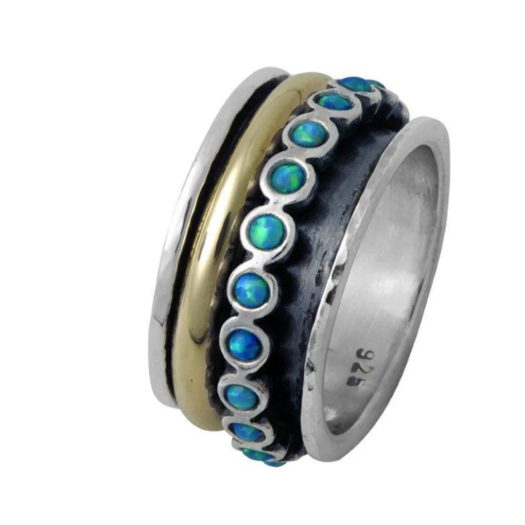 Spinner Ring for Woman - Unisex Fidget ring - Silver Gold Zircons / blue opals- All Sizes Spinner Ring