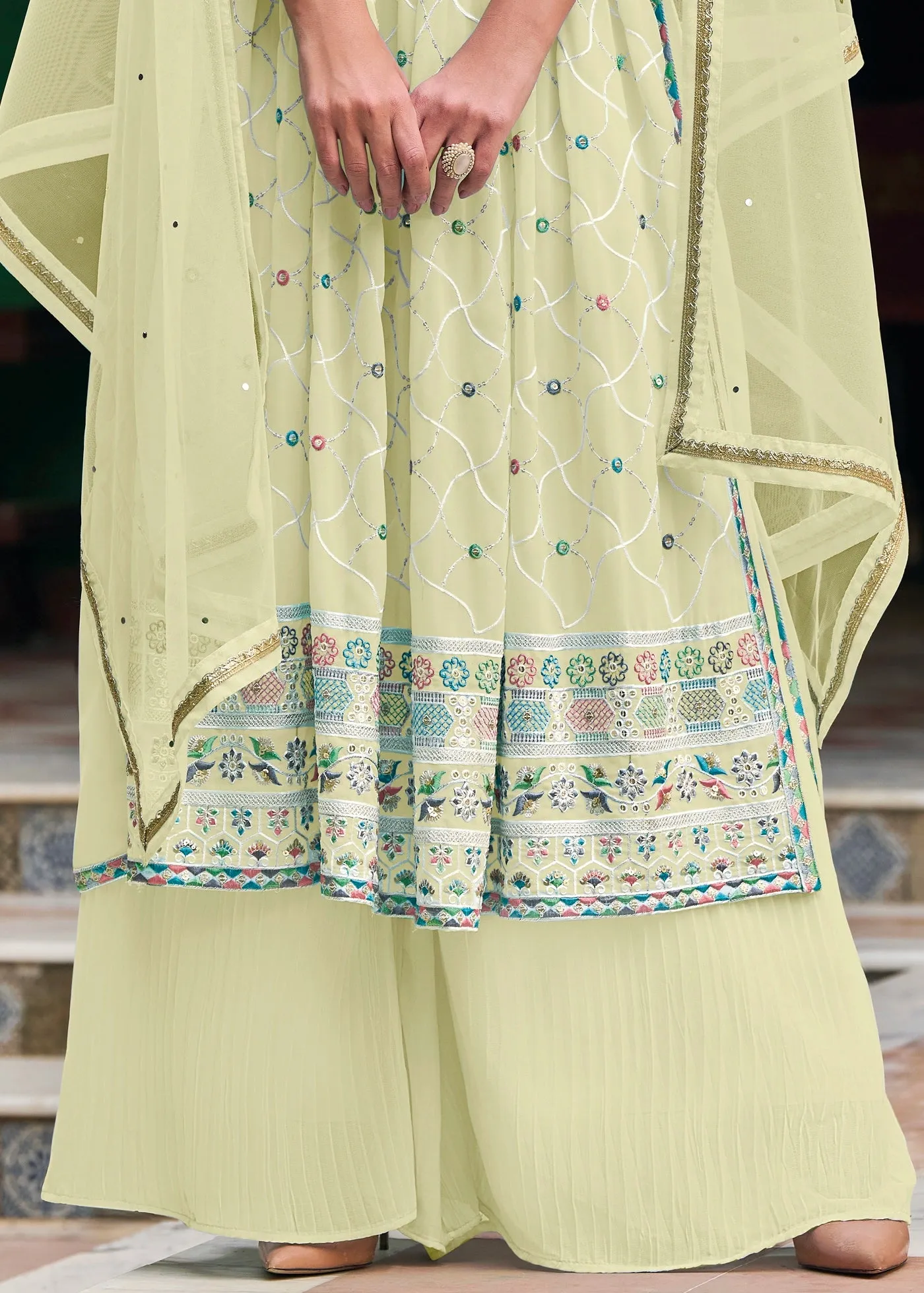 Attractive Party Wear Georgette Palazzo Suits With Net Dupatta