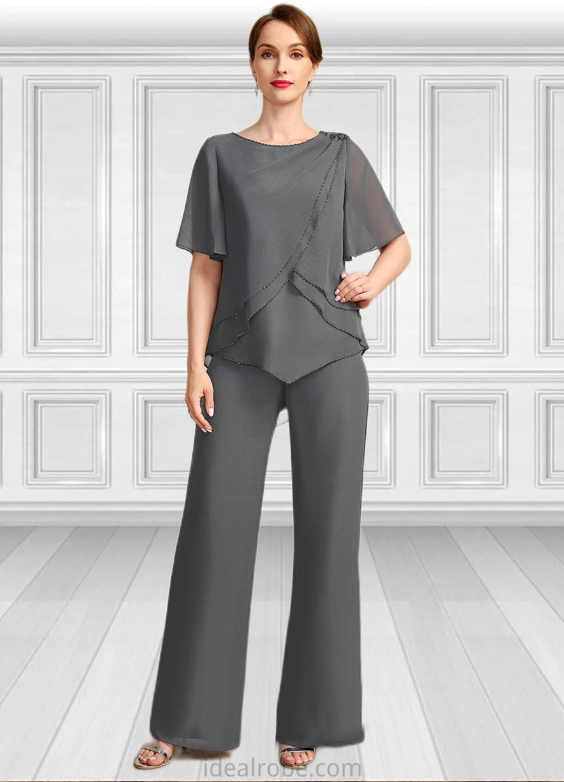 Jacquelyn Jumpsuit/Pantsuit Separates Scoop Floor-Length Chiffon Mother of the Bride Dress With Beading STKP0021783