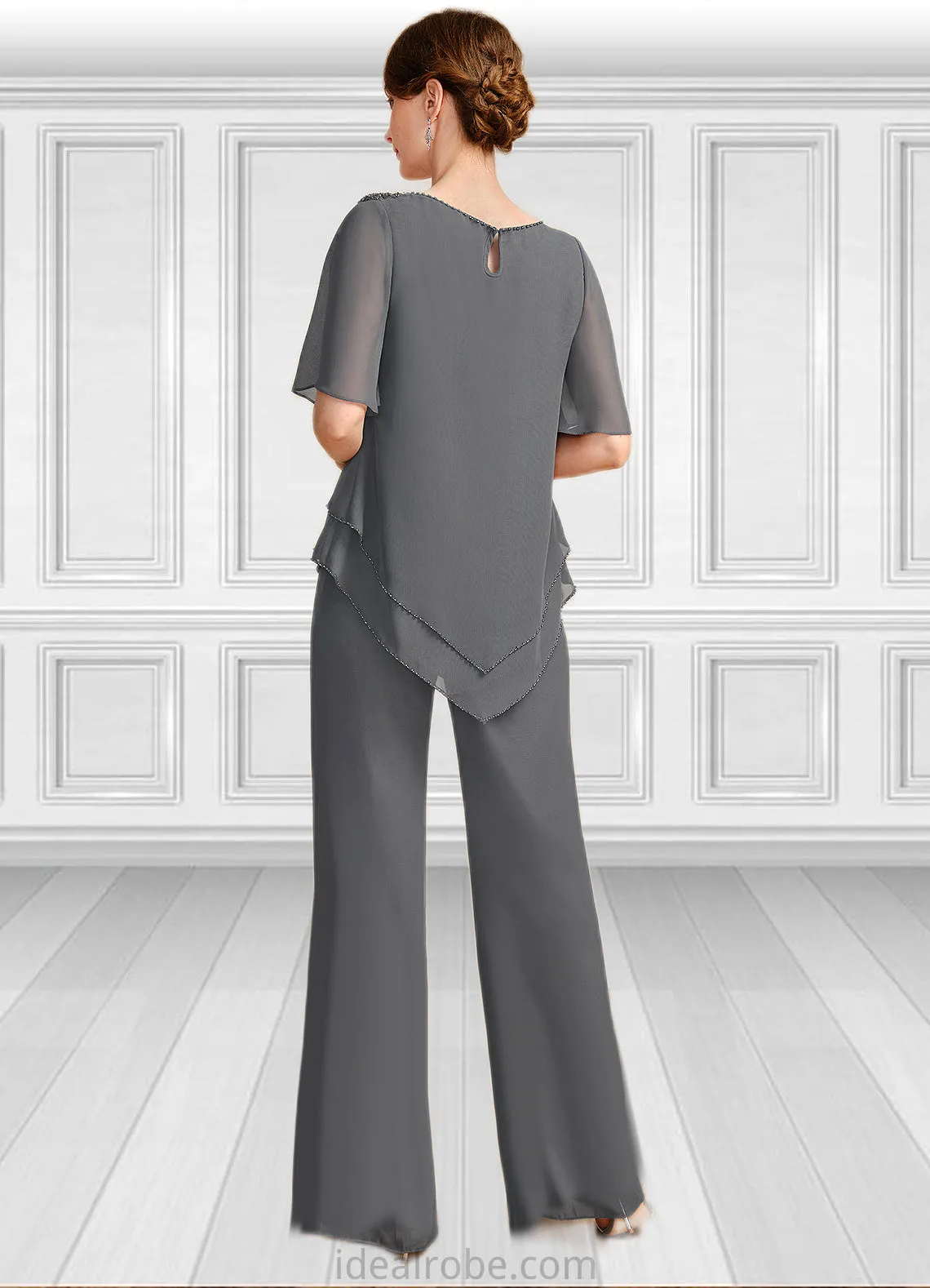 Jacquelyn Jumpsuit/Pantsuit Separates Scoop Floor-Length Chiffon Mother of the Bride Dress With Beading STKP0021783